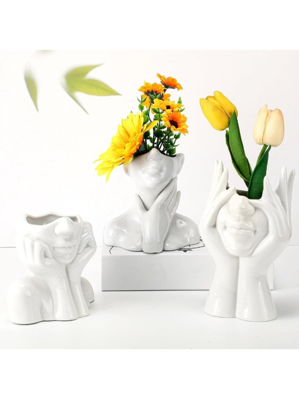 Set of 3 Ceramic Female Form Vases - White Body Flower Holders, Small Decor